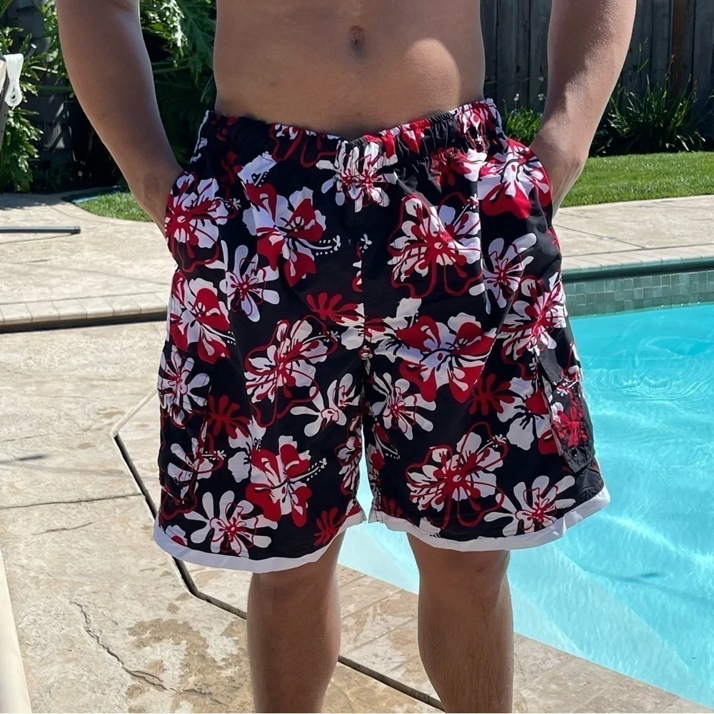 NWT LAGUNA XL Red & Black Hawaiian Swim Trunks with Cargo Pockets MT08